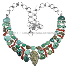 Turquoise Coral &amp; Pyrite Gemstone avec 925 Sterling Silver Handmade Necklace